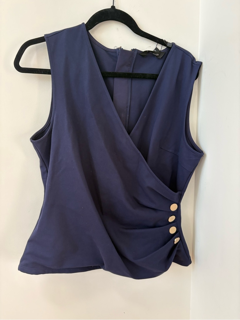 Karen Millen Navy Sleeveless Faux-Wrap Blouse with Gold Buttons